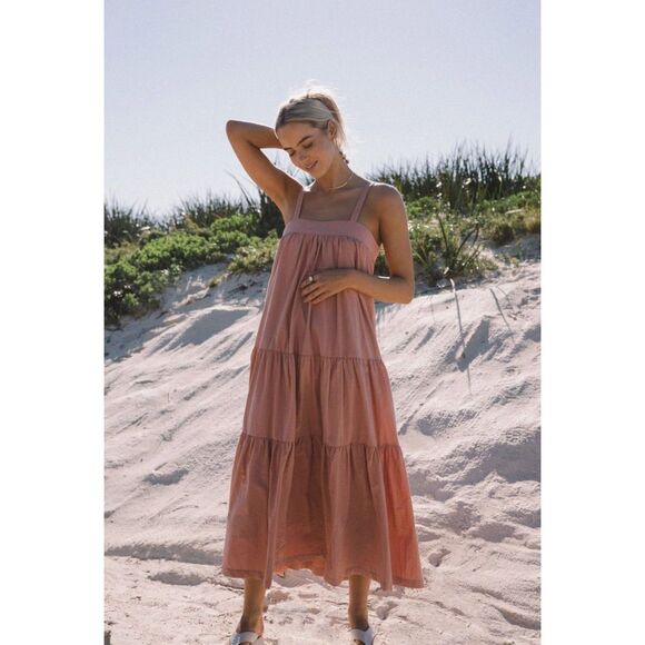 ARAMINTA JAMES Sunset Tiered Midi Dress Light Pink Small - Picture 1 of 8